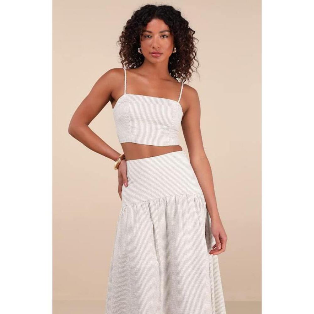 Lulus Sabino Beige Striped Drop Waist Two-piece Midi Dress - Size S